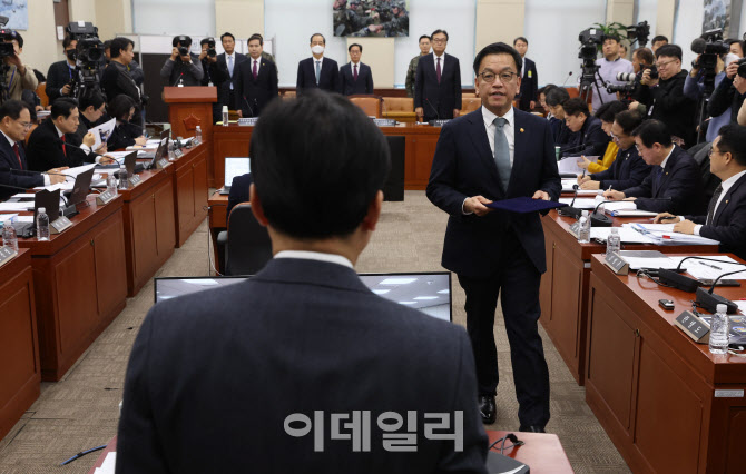 [포토]국조특위 3차 청문회, '증인선서문 전달하는 최상목'