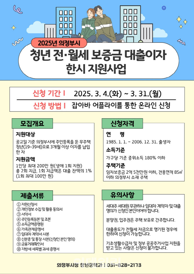 의정부시, 무주택 청년 전·월세 지원…年 최대 200만원