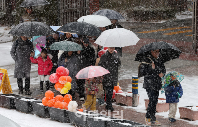 [포토]입학 축하하는 눈 맞으며