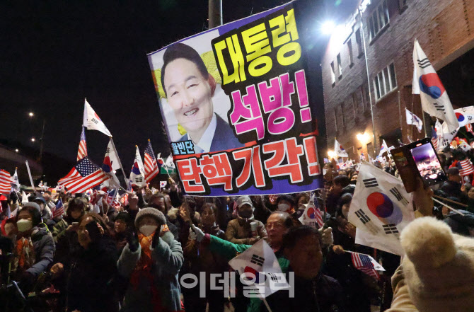 [포토]'윤석열 대통령 석방 환영하는 지지자들'
