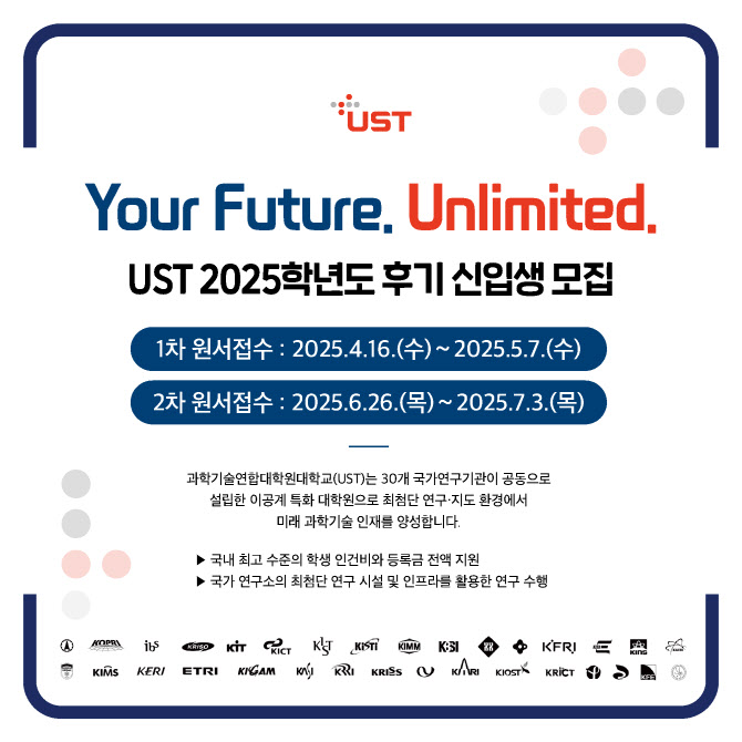 연구소대학원 UST, 25학년도 후기 이공계 석·박사 신입생 모집