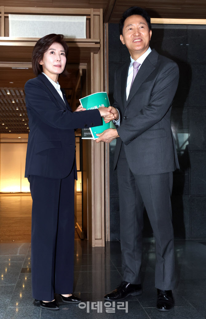 [포토]'디딤돌 소득 서울런 약자동행지수' 자료 든 오세훈-나경원
