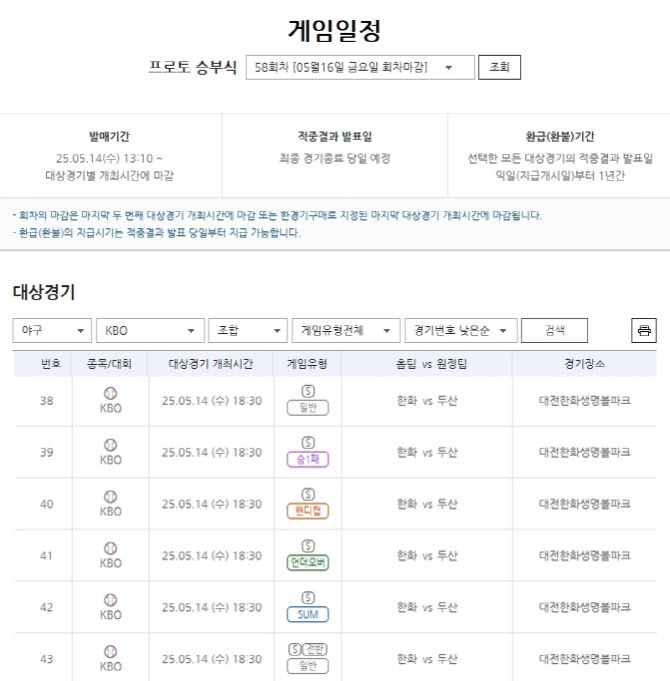 '연승 행진 멈춘 한화, 반격 나설까’… 프로토 승부식 58회차 한화-두산전 대상경기 마감 임박