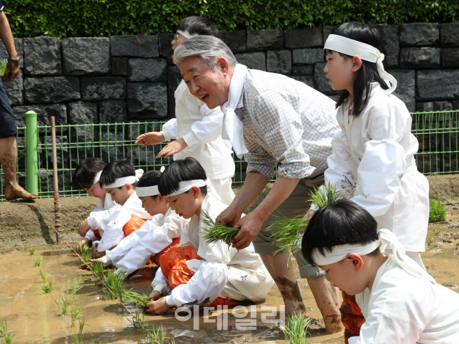 [포토] 강호동 농협 회장, 어린이들과 전통 모내기 체험