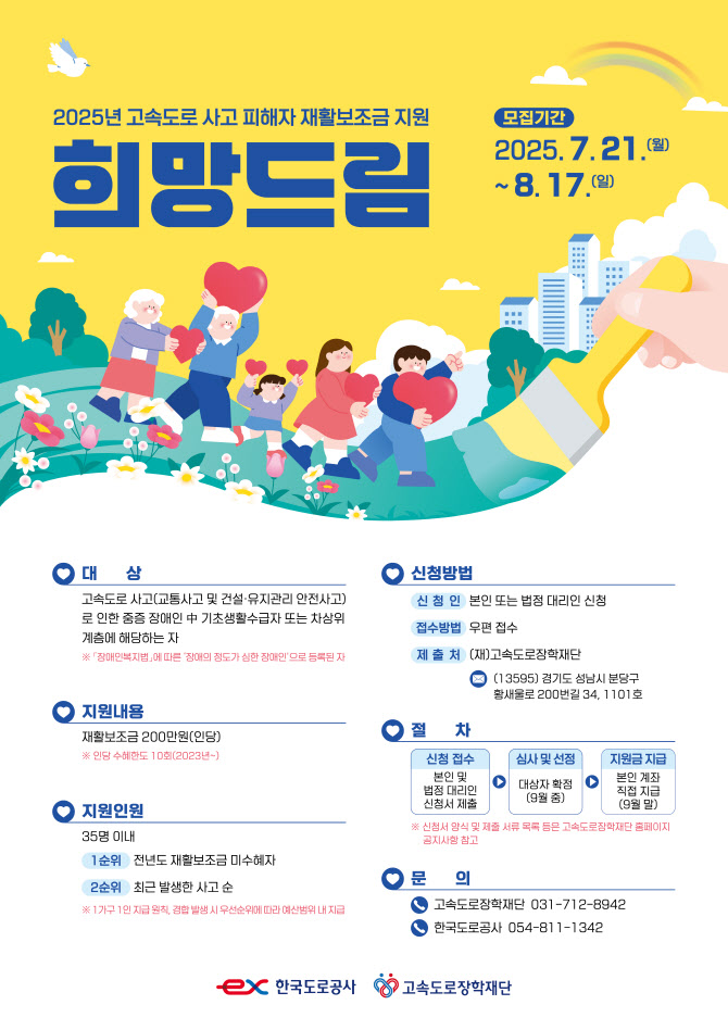 한국도로공사, 고속도로 사고 피해자 재활보조금 지원…신청자 모집