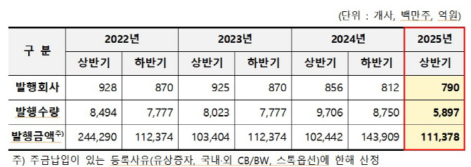 상반기 발행 주식수 39% 감소…발행액은 늘어 11조