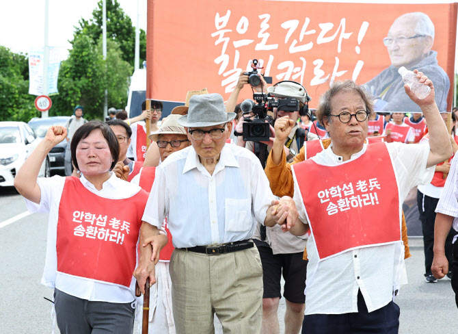 [포토] 송환추진단과 통일대교 건너는 비전향장기수 안학섭