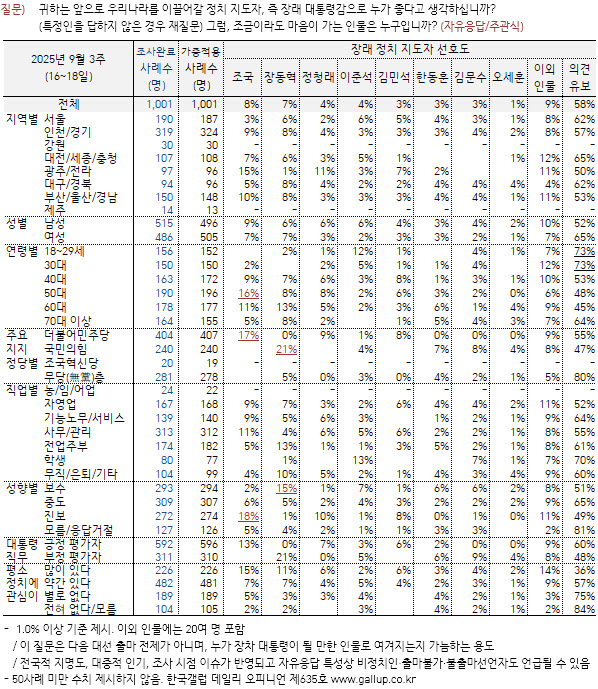차기 정치지도자 선호도…조국8%·장동혁7%[한국갤럽]