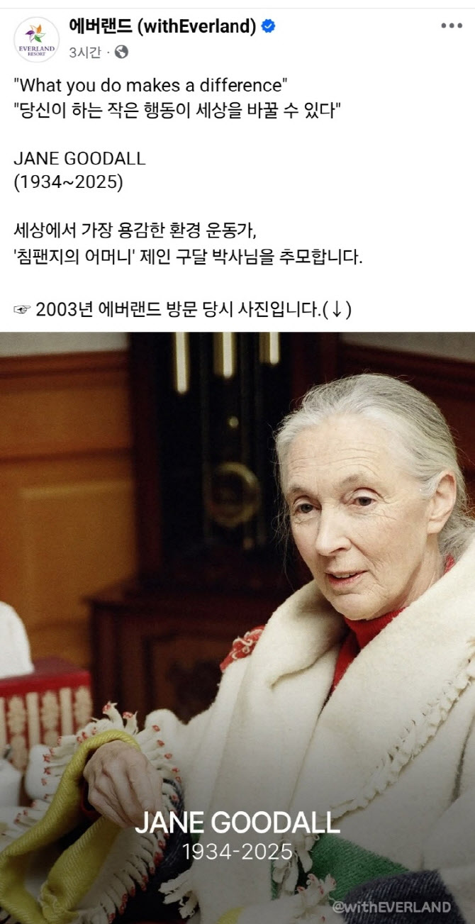 에버랜드, '침팬지의 어머니' 구달 추모…"가장 용감한 운동가"