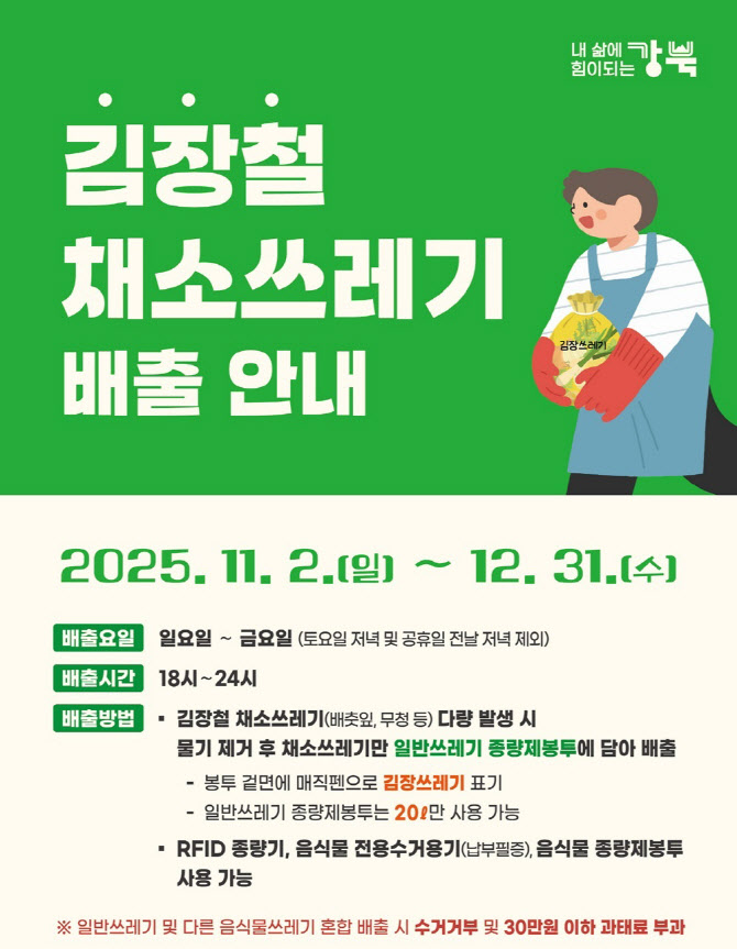 강북구 “김장철 배춧잎·무청 일반 종량제봉투에 버리세요”[동네방네]