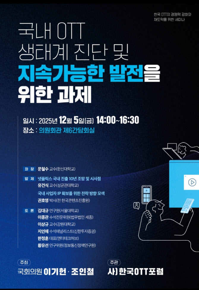 국내 OTT 생태계 점검…5일 ‘지속가능한 발전’ 국회 세미나