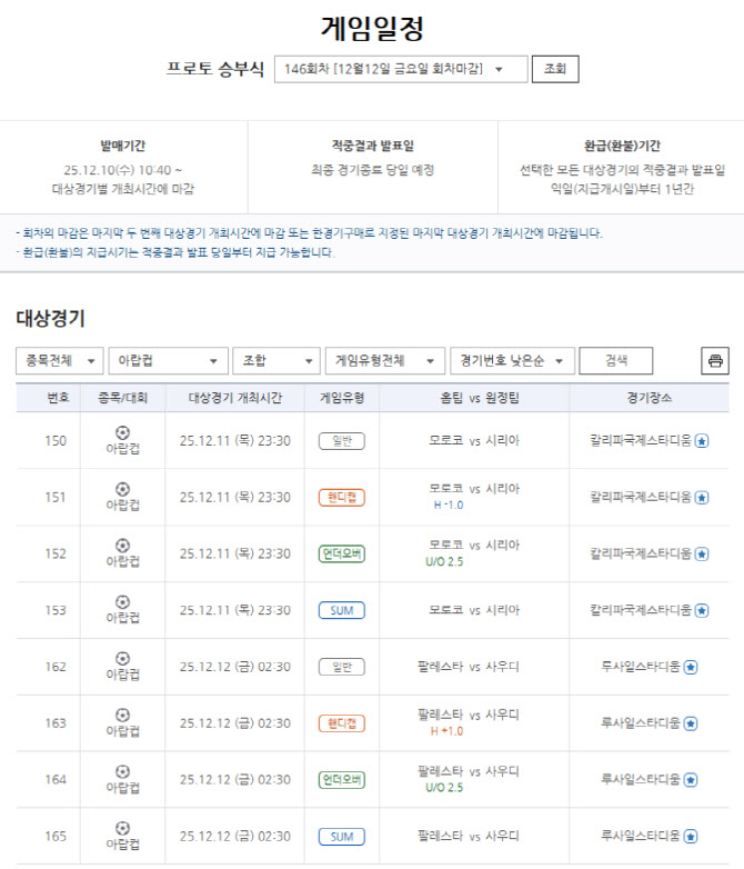 아랍컵 8강전 빅매치 대상 프로토 승부식 146회차, 게임 마감 임박