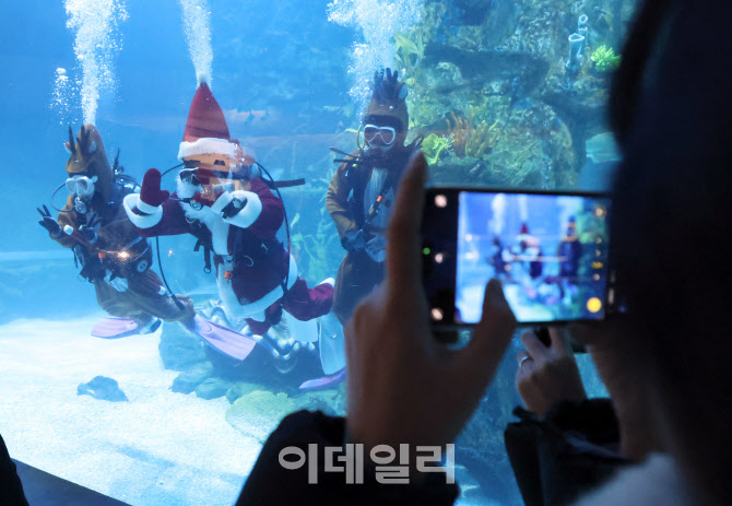 [포토]관람객 발길 사로잡는 수중 산타와 루돌프