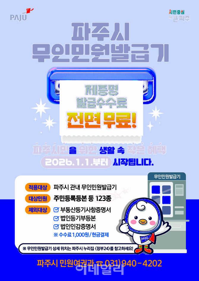 파주시, 무인민원발급기 증명서 발급 수수료 '0원'