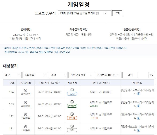‘AT마드리드 vs 레알마드리드’ 스페인 슈퍼컵 준결승 대상 프로토 승부식 4회차 게임 마감 임박