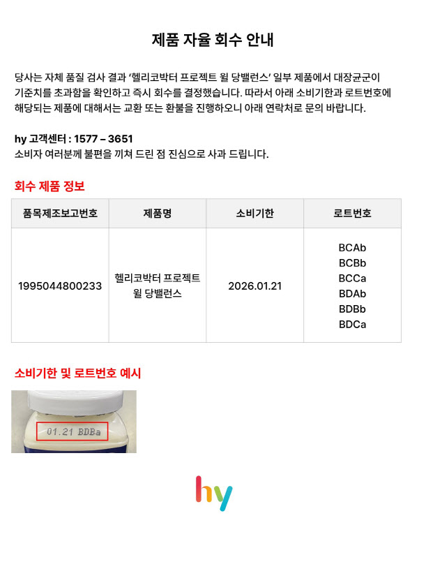 hy, ‘헬리코박터 프로젝트 윌 당밸런스’ 자진 회수