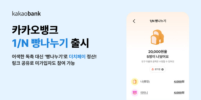 카카오뱅크, 더치페이 서비스 ‘1/N 빵나누기’ 출시