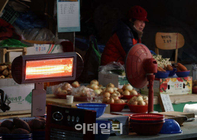 [포토]온열기로 추위 녹이는 상인들