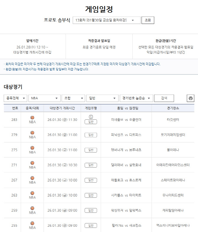 ‘NBA 동·서부 1위 경기 포함’…프로토 승부식 13회차 발매