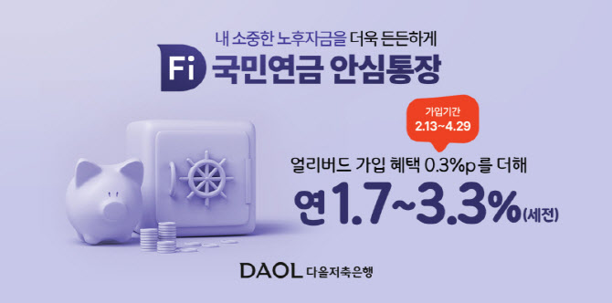 다올저축은행, 압류 걱정 없는 'Fi 국민연금 안심통장' 출시···최고 연 3.3%