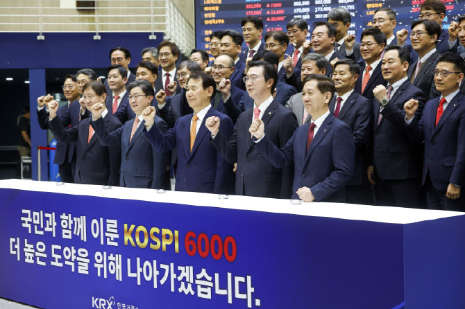 [포토]코스피 6000 돌파 기념으로 한자리에 모인 금융권