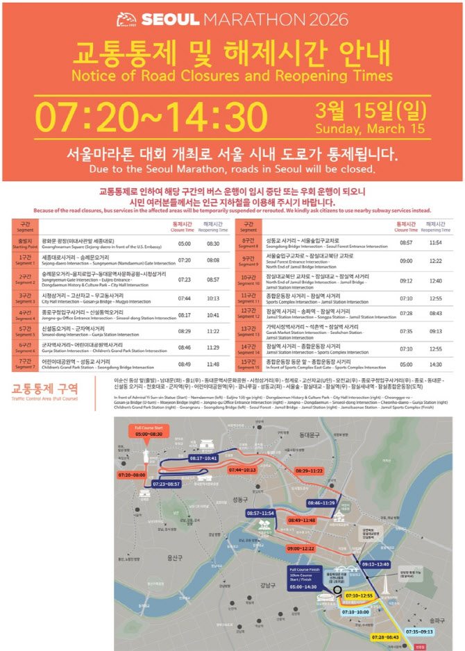 광화문~잠실 달리는 ‘서울마라톤 대회’, 구간별 교통통제
