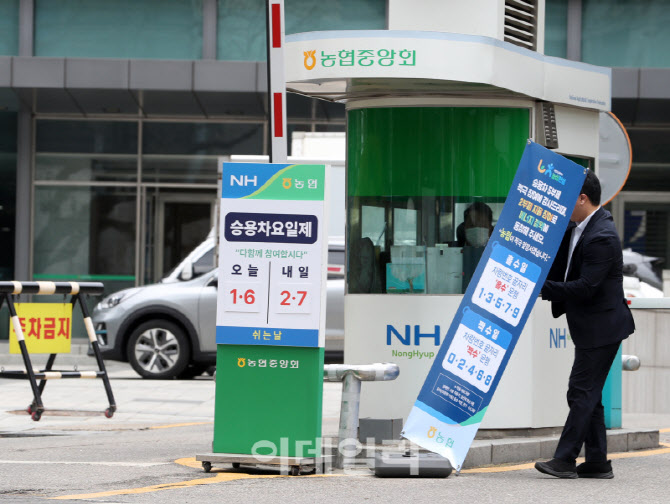 [포토] 농협, 차량 2부제(홀짝제) 안내판 설치