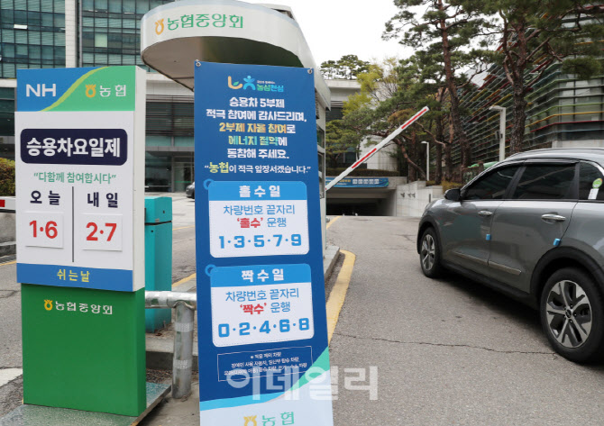 [포토] 홀짝제 출입하는 농협 본관