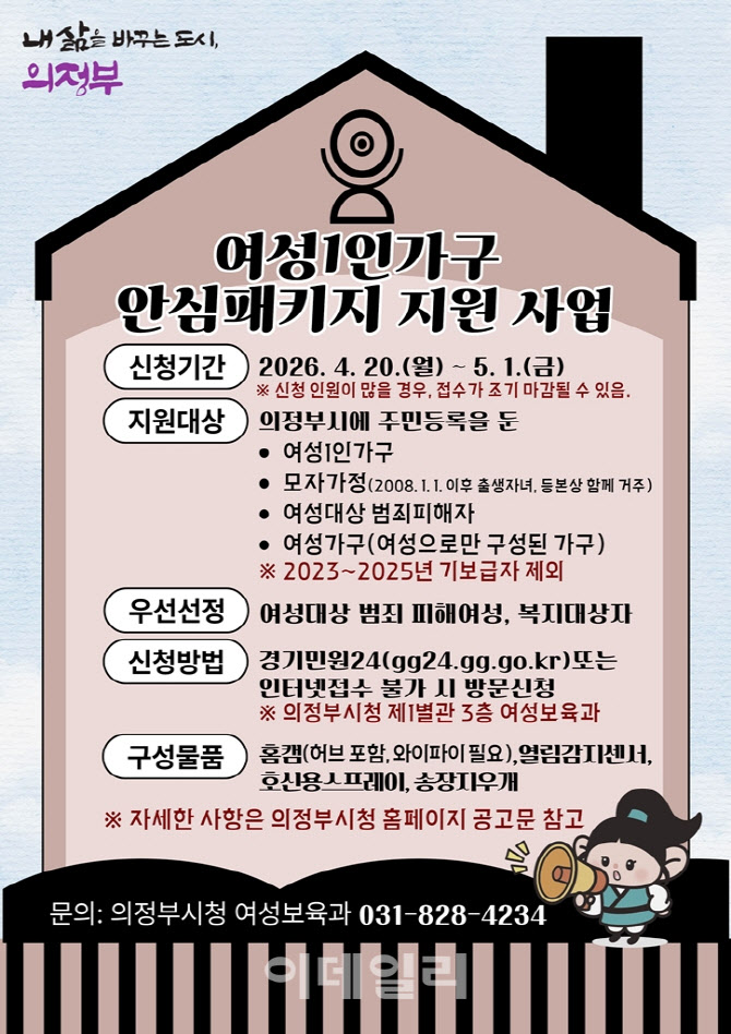 의정부시, 여성 1인가구 대상 '안심패키지' 지원
