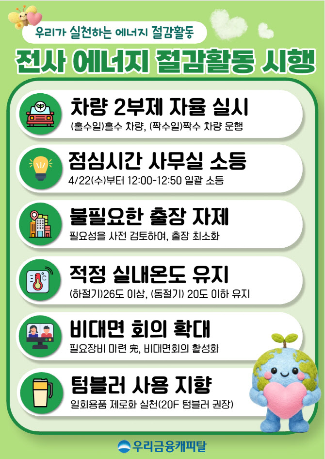 'ESG경영' 실천 선언한 우리금융캐피탈…차량 2부제 자율 시행