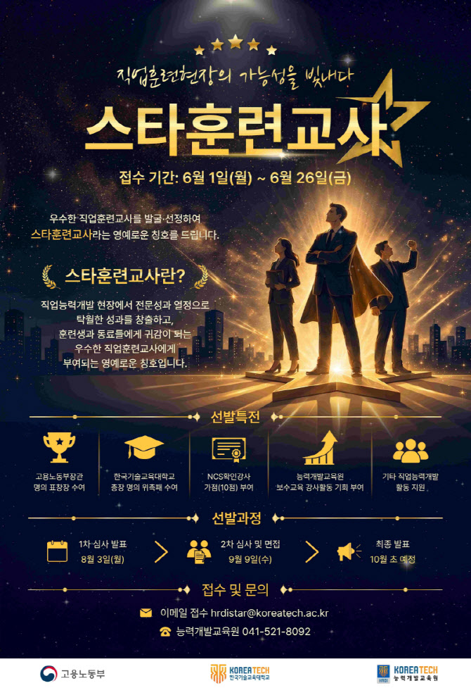 한기대·고용부, 직업훈련 우수 ‘스타훈련교사’ 선발