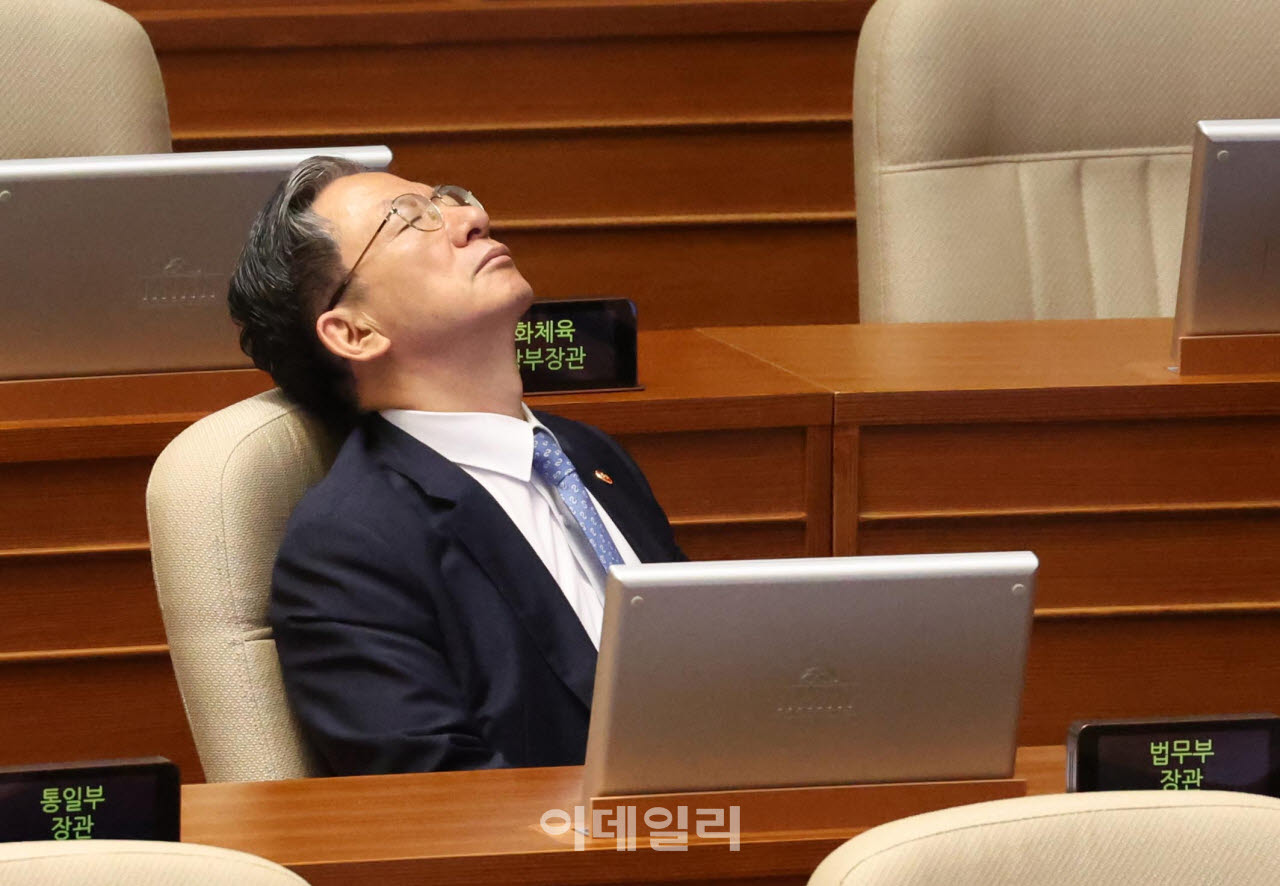 [포토]'무제한토론에 피곤한 정성호 법무부 장관'