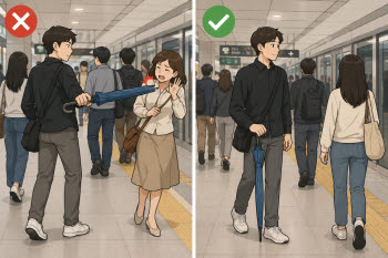 "제발 세로로 들어주세요'…장마철 반복되는 '장우산 민폐'