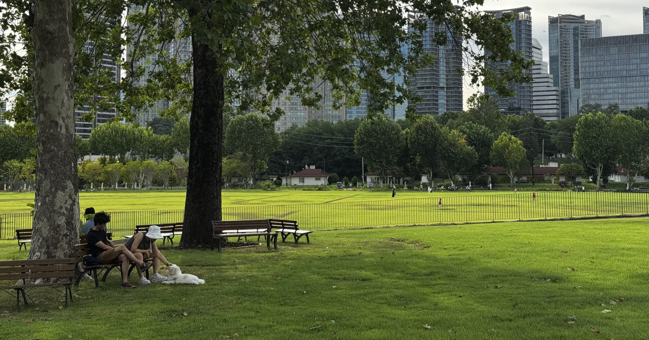 용산어린이정원 잔디마당에서 시민들이 휴식을 취하고 있다.(사진=이정현 기자)