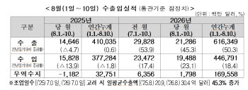 8월 초 수출 213억달러 '역대 최대'…반도체만 100억달러