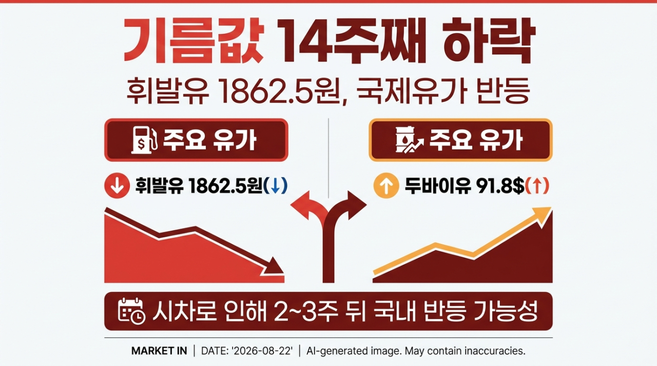 국내 주유소 기름값 14주째 하락…휘발유 1862.5원