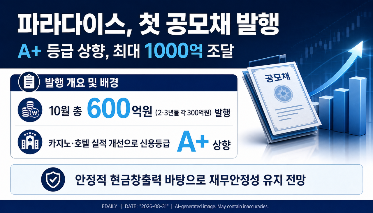 [마켓인]‘A+’ 올라선 파라다이스, 공모채 발행…최대 1000억 조달