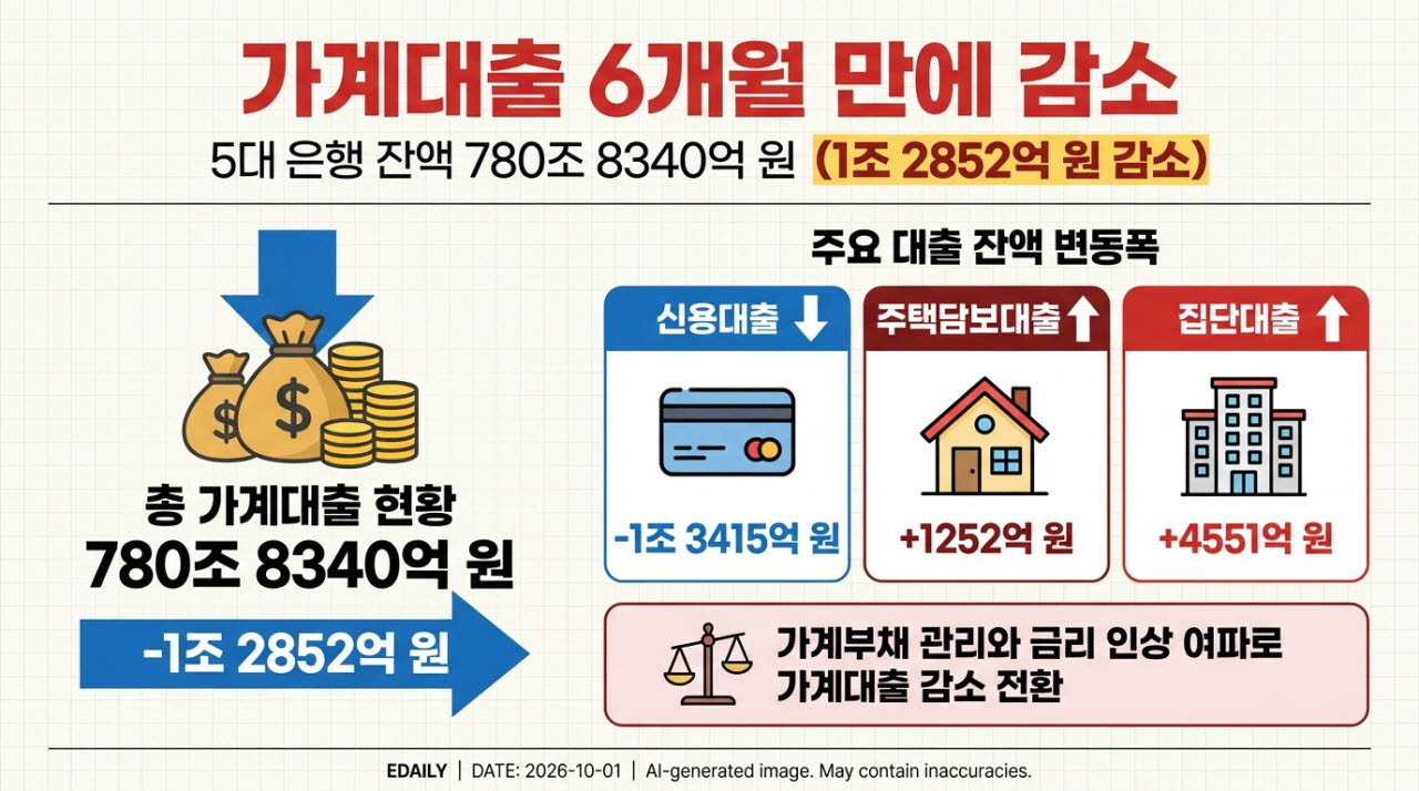 가계대출 6개월만에 감소... 5대은행, 1.3조 줄었다