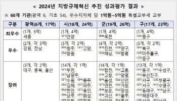 ‘지방규제혁신 추진’ 우수 지자체에 세종·안양 등 60곳 선정