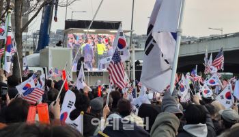 "이겼다" 축제 벌어진 한남동…尹 손 들자 `환호성`