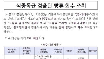 풀무원 계열사 유통빵 2종, 살모넬라 검출…식약처 “판매 중단 및 회수 조치”