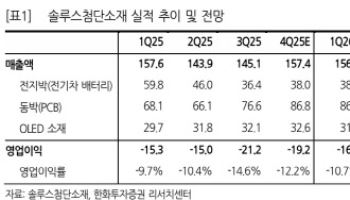 솔루스첨단소재, 주요 고객사 부진으로 어려운 영업환경…목표가↓-한화