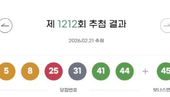 로또 1212회 당첨번호 ‘5, 8, 25, 31, 41, 44’…보너스 '45'
