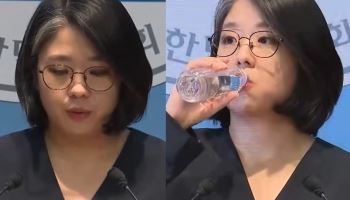 "후" 심호흡 뒤 생수 '벌컥벌컥'…용혜인, 울컥하기도