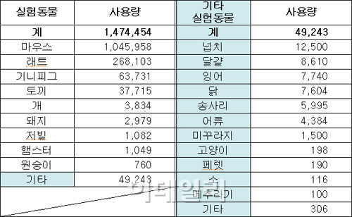 작년 의약품·화장품 개발에 사용된 동물 150만마리