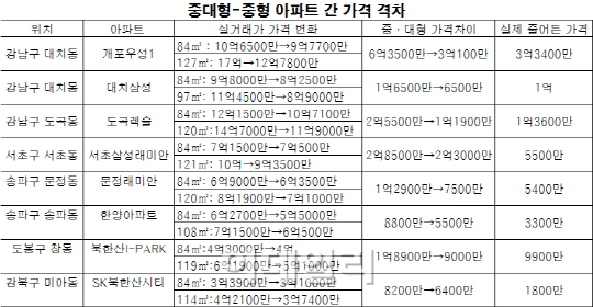 강남 대형 아파트값 '뚝뚝'…중형과 별 차이 없네