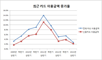 소비둔화..카드 이용금액 증가율 7년반 만에 최저(종합)