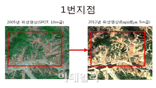 황폐화된 北 평양의 산림 2005 vs 2012년