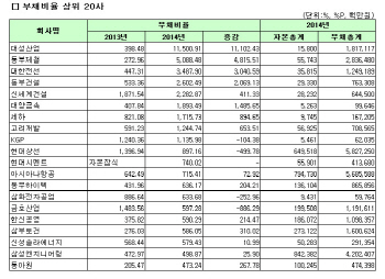 [코스피 작년 결산][표]개별 부채비율 상위 20개사                                                                                                                                                         