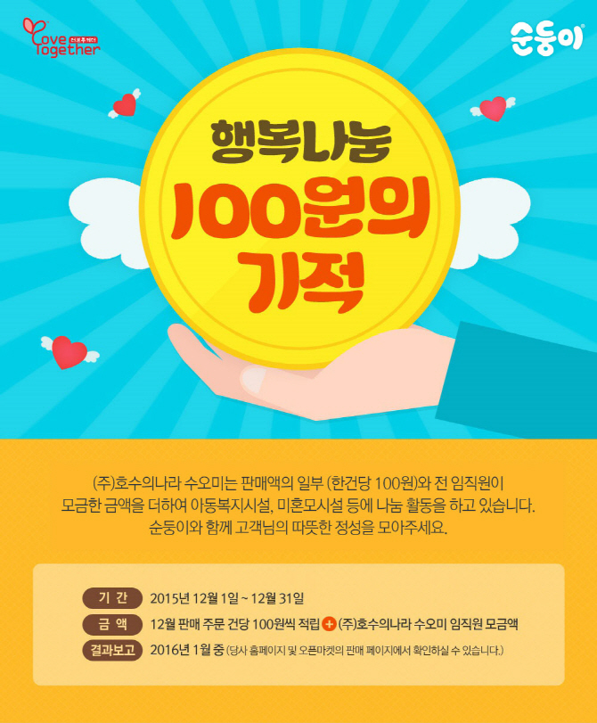 아기물티슈 순둥이, 구매하면 100원씩 자동 기부 캠페인